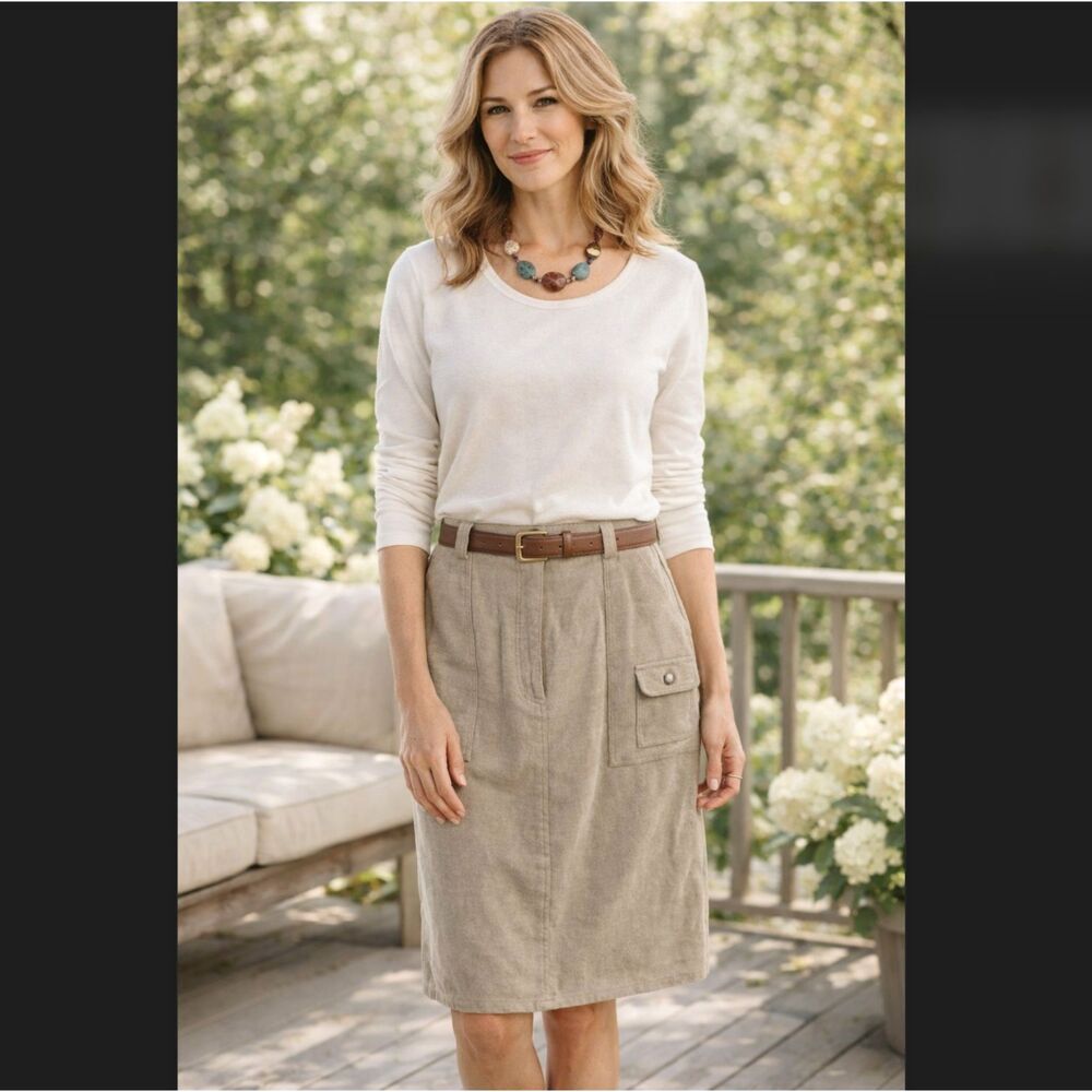 J Jill Cargo Pencil Skirt 8 Tall Beige Stretch Utility Pockets USA Made Vintage